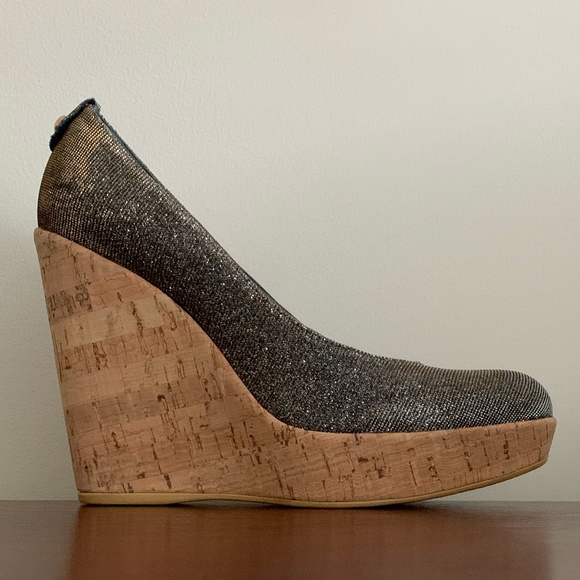 Stuart Weitzman "Corkswoon" Pyrite Cork Wedges Silver and Cork Size 6 with Box - Picture 8 of 11